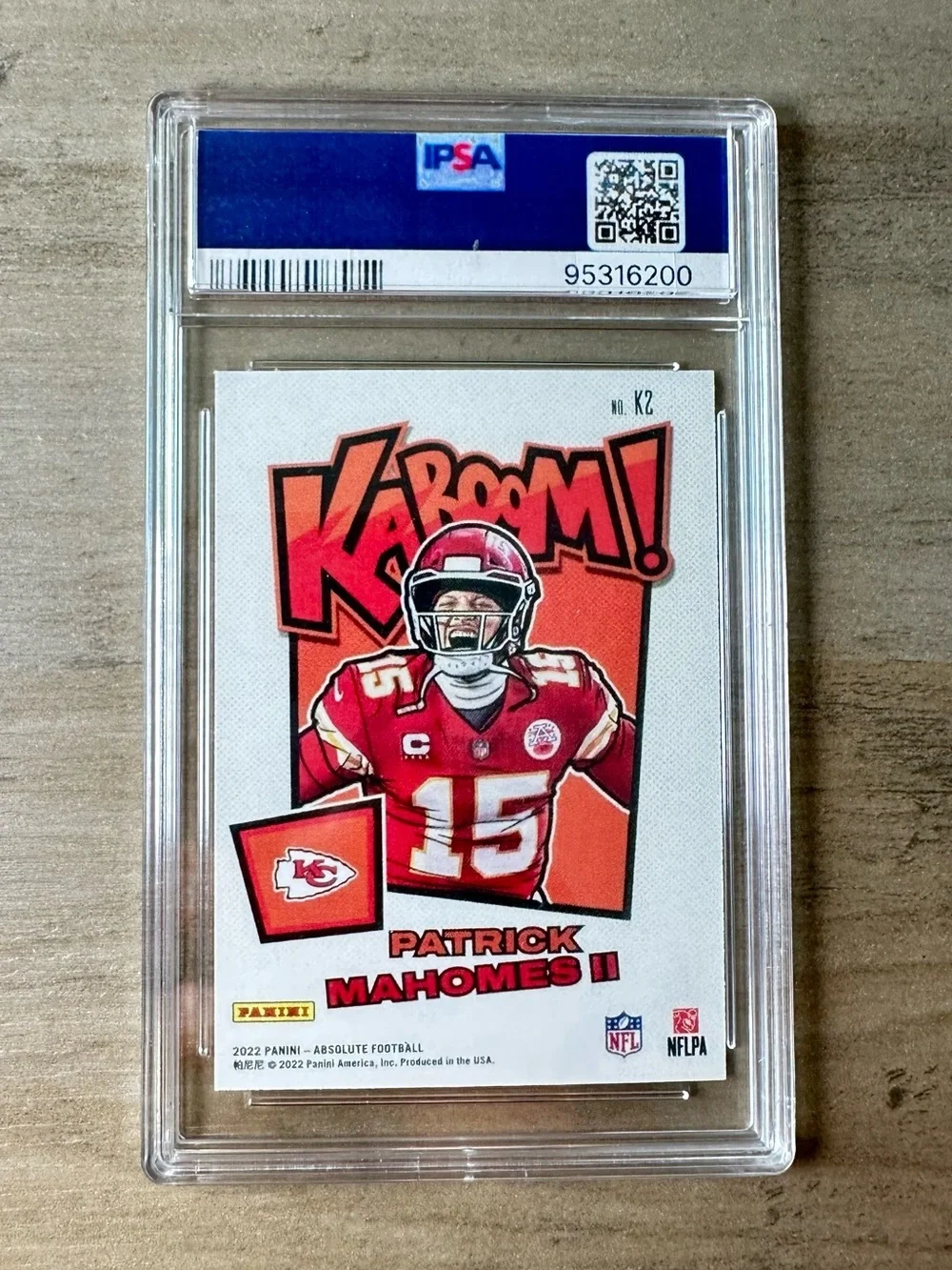 Patrick Mahomes 2022 Panini Kaboom #K2 Holo Mint 9 Novelty Football Card.